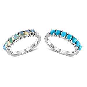 Sleeping Beauty Turquoise and Ethiopian Welo Opal 1.30 ctw Set of 2 Stackable Ring in Stainless Steel (Size 7.0)