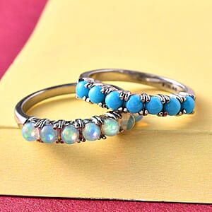 Sleeping Beauty Turquoise and Ethiopian Welo Opal 1.30 ctw Set of 2 Stackable Ring in Stainless Steel (Size 7.0)