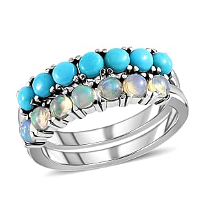 Sleeping Beauty Turquoise and Ethiopian Welo Opal 1.30 ctw Set of 2 Stackable Ring in Stainless Steel (Size 7.0)