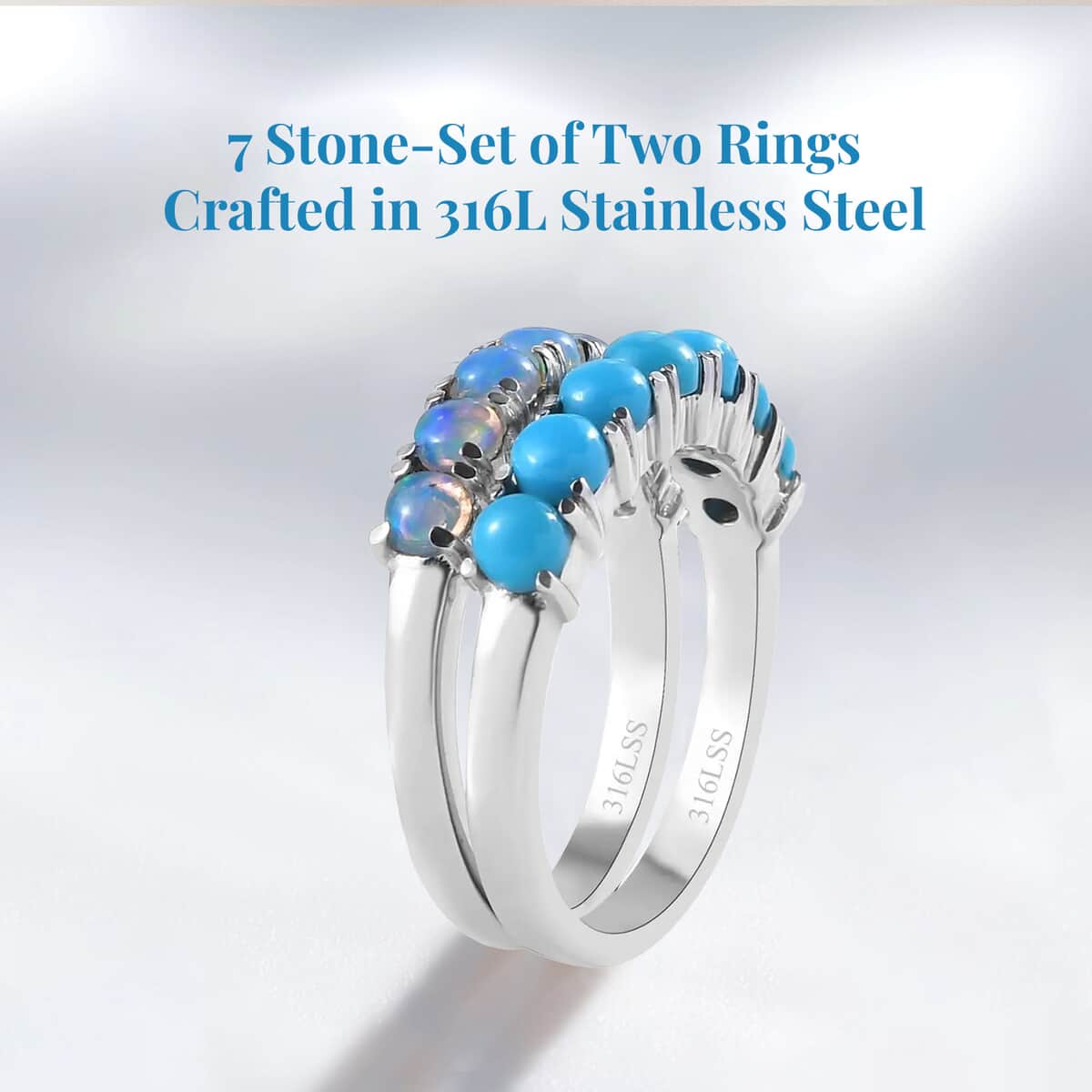 Sleeping Beauty Turquoise and Ethiopian Welo Opal 1.30 ctw Ring, Stackable Wedding Band Ring, 7 Stone Promise Rings For Women in Stainless Steel (Size 8.0) image number 3