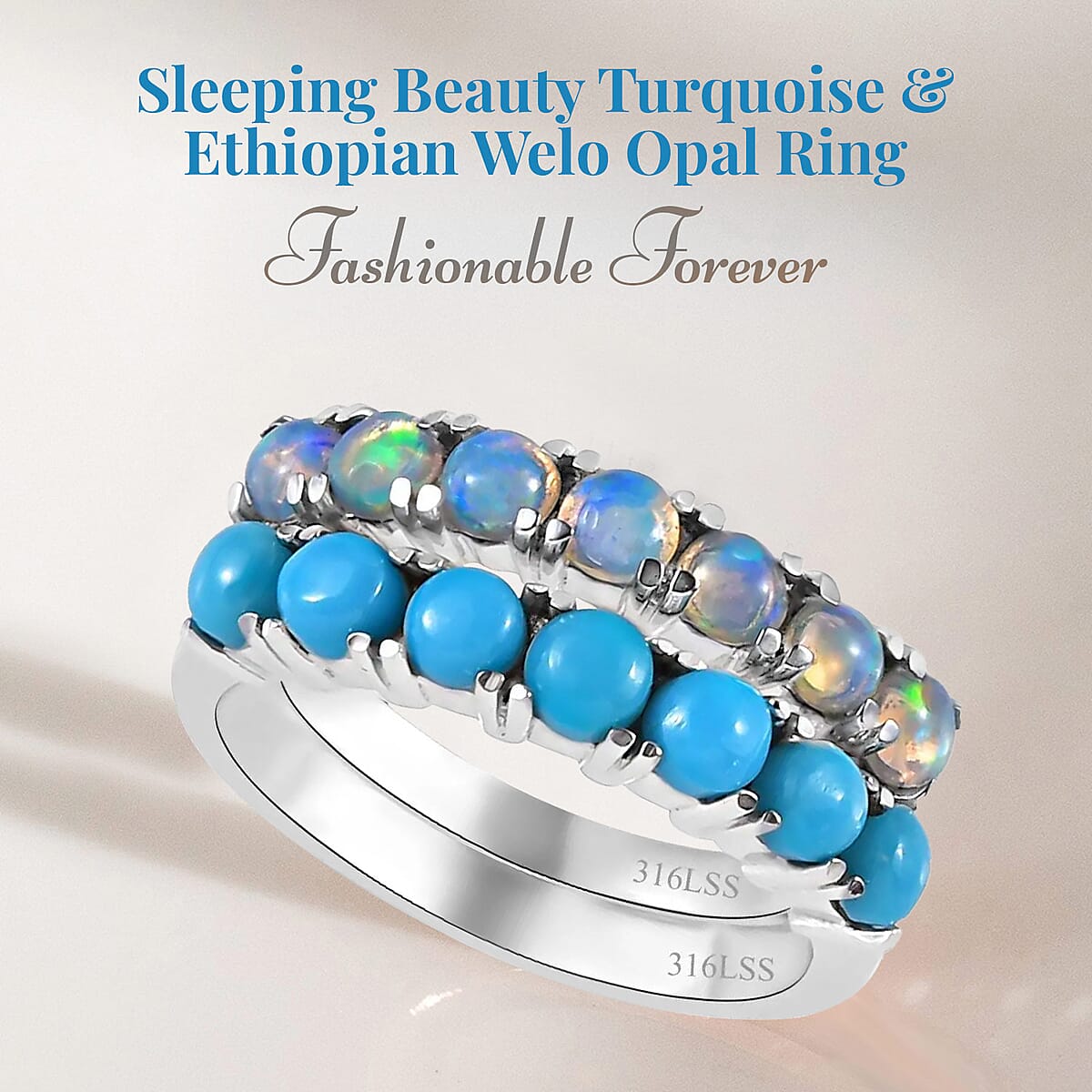 Sleeping Beauty Turquoise and Ethiopian Welo Opal 1.30 ctw Ring, Stackable Wedding Band Ring, 7 Stone Promise Rings For Women in Stainless Steel (Size 9.0) image number 2