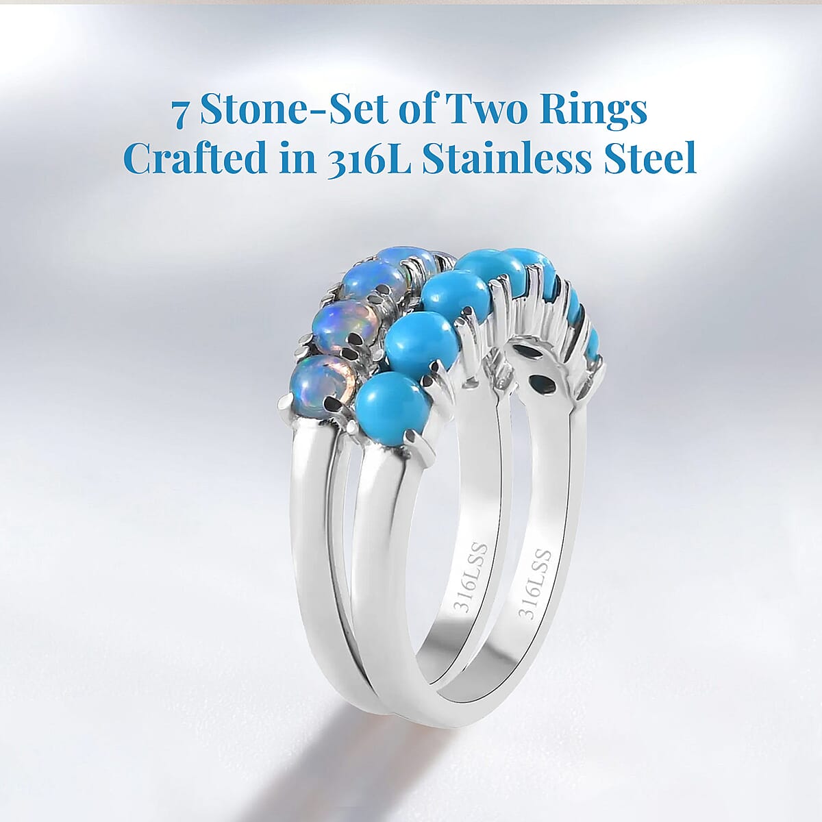Sleeping Beauty Turquoise and Ethiopian Welo Opal 1.30 ctw Ring, Stackable Wedding Band Ring, 7 Stone Promise Rings For Women in Stainless Steel (Size 9.0) image number 3