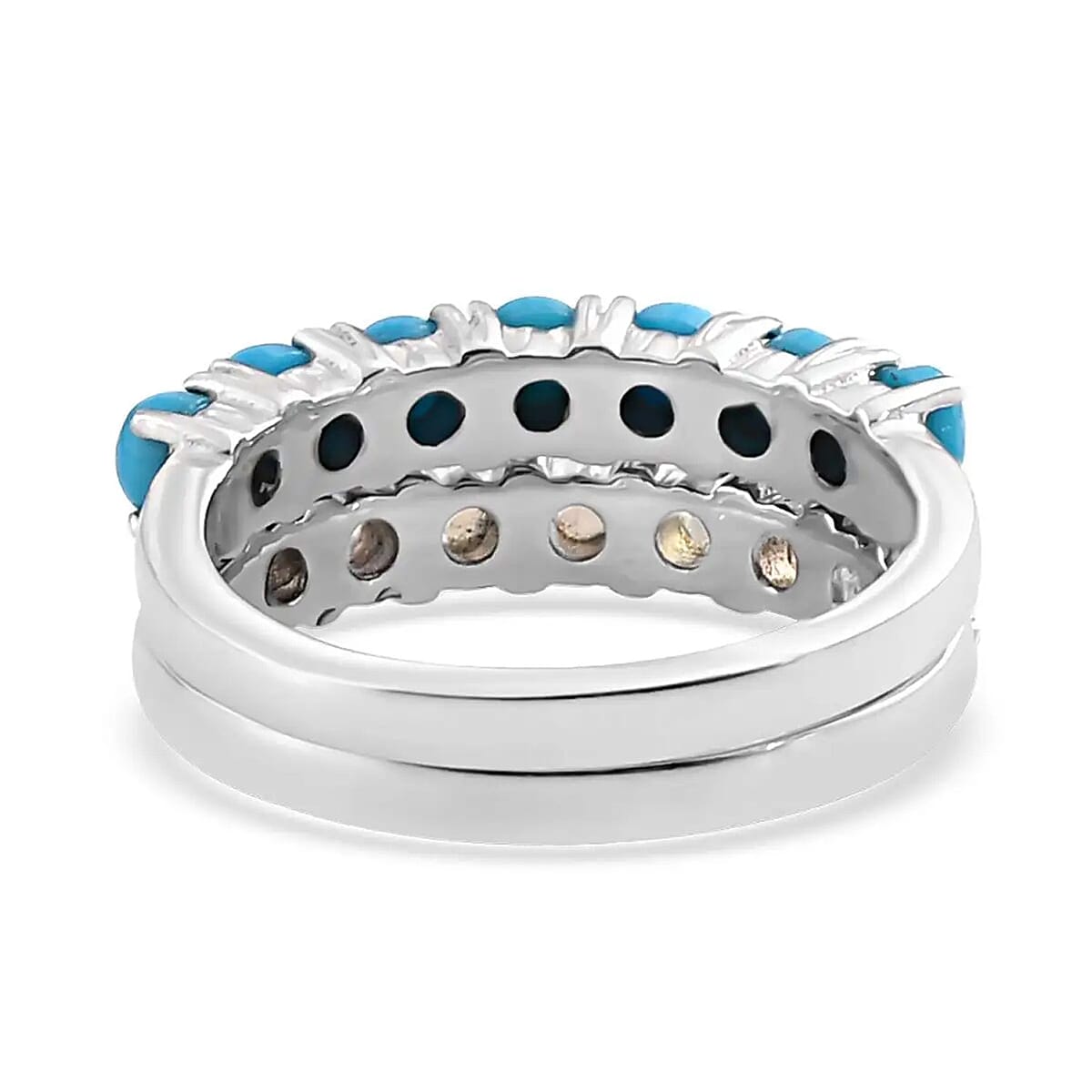 Sleeping Beauty Turquoise and Ethiopian Welo Opal 1.30 ctw Ring, Stackable Wedding Band Ring, 7 Stone Promise Rings For Women in Stainless Steel (Size 9.0) image number 5