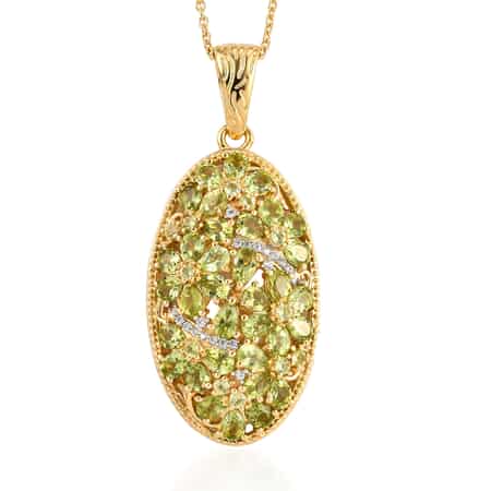 Arizona Peridot and White Zircon Elongated Floral Pendant Necklace 20 Inches in Vermeil YG Over Sterling Silver 6.40 ctw image number 0