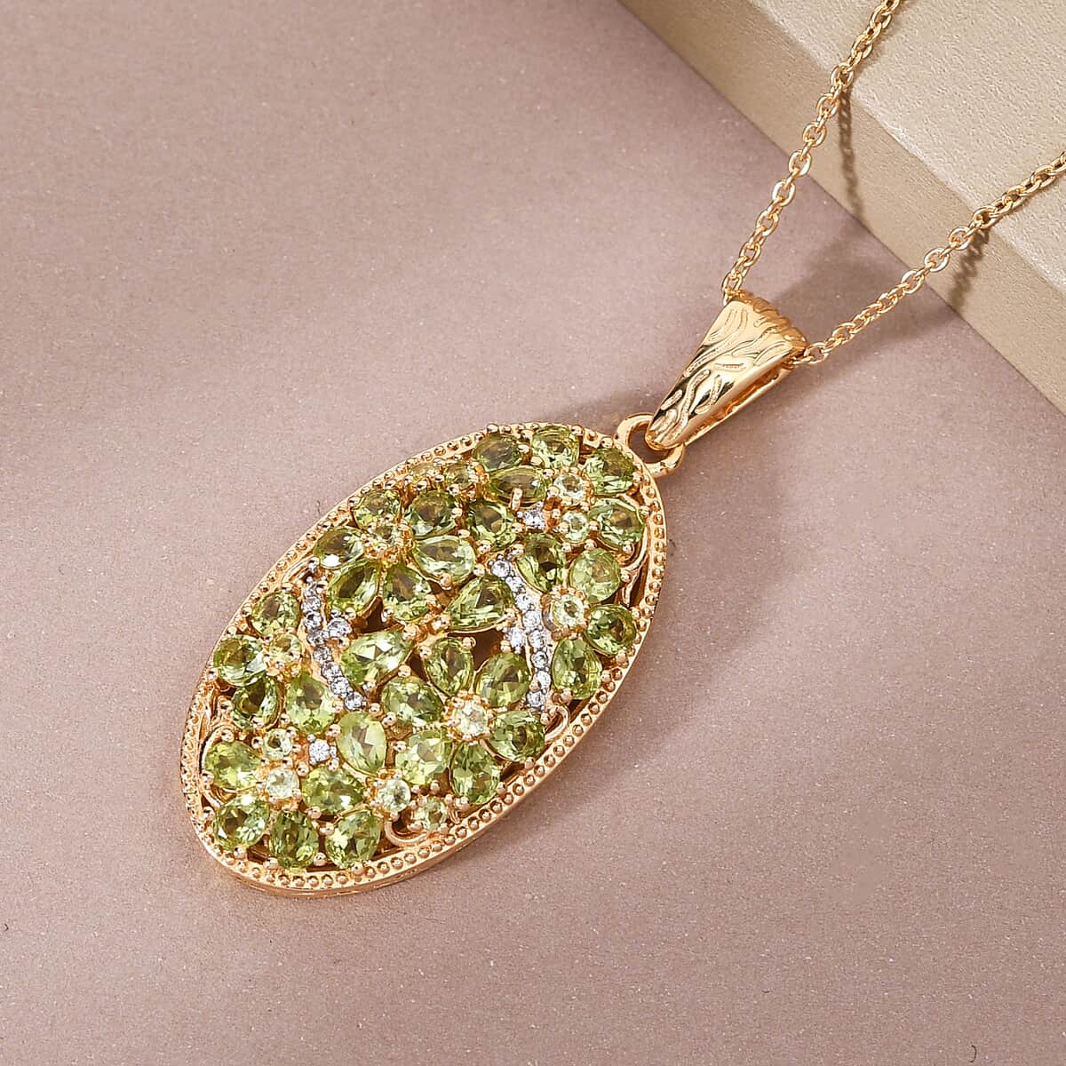 Arizona Peridot and White Zircon Elongated Floral Pendant Necklace 20 Inches in Vermeil YG Over Sterling Silver 6.40 ctw image number 1