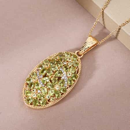 Arizona Peridot and White Zircon Elongated Floral Pendant Necklace 20 Inches in Vermeil YG Over Sterling Silver 6.40 ctw image number 1
