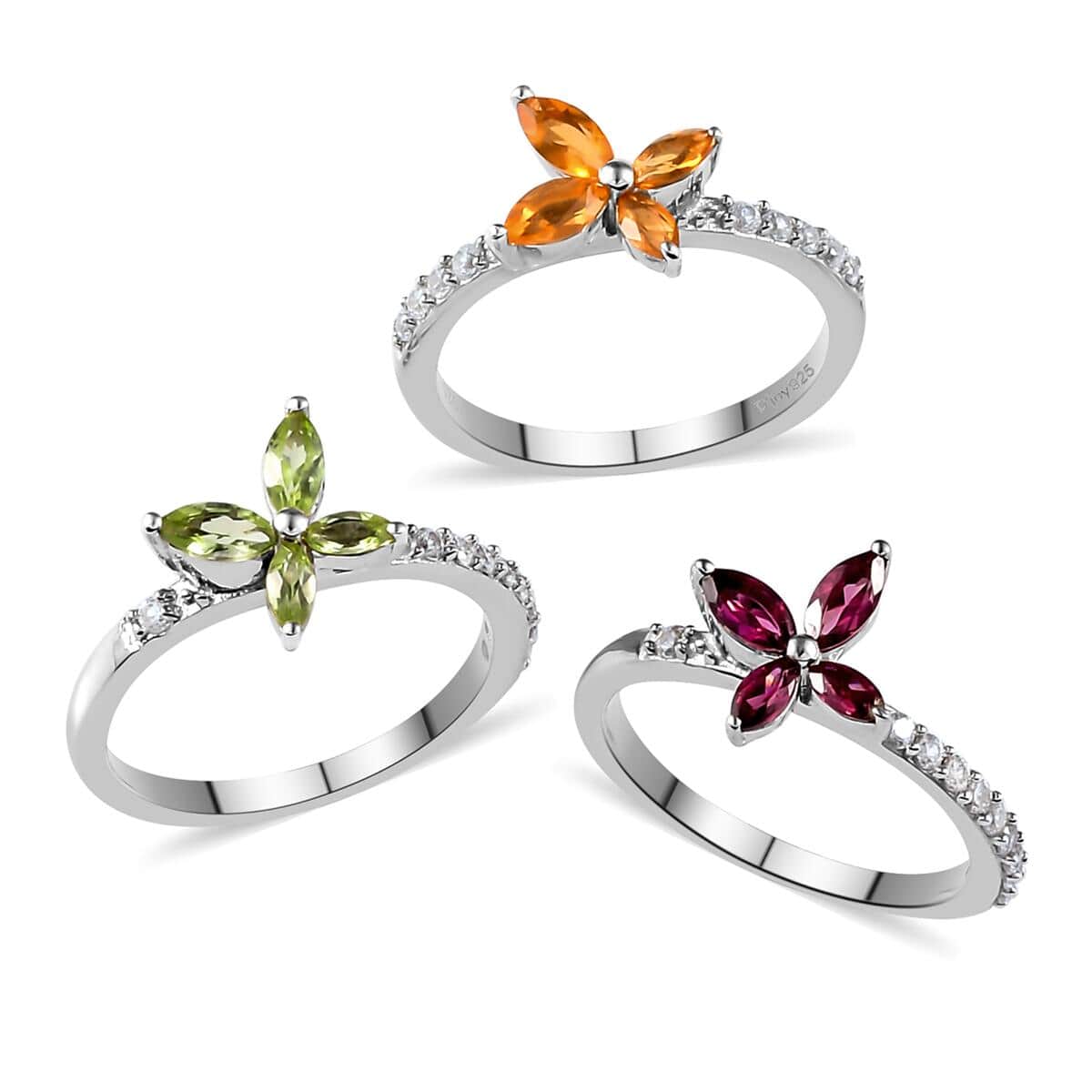 Set of 3 Orissa Rhodolite Garnet, Peridot and Jalisco Fire Opal Floral Rings in Platinum Over Sterling Silver (Size 6.0) 2.00 ctw image number 0