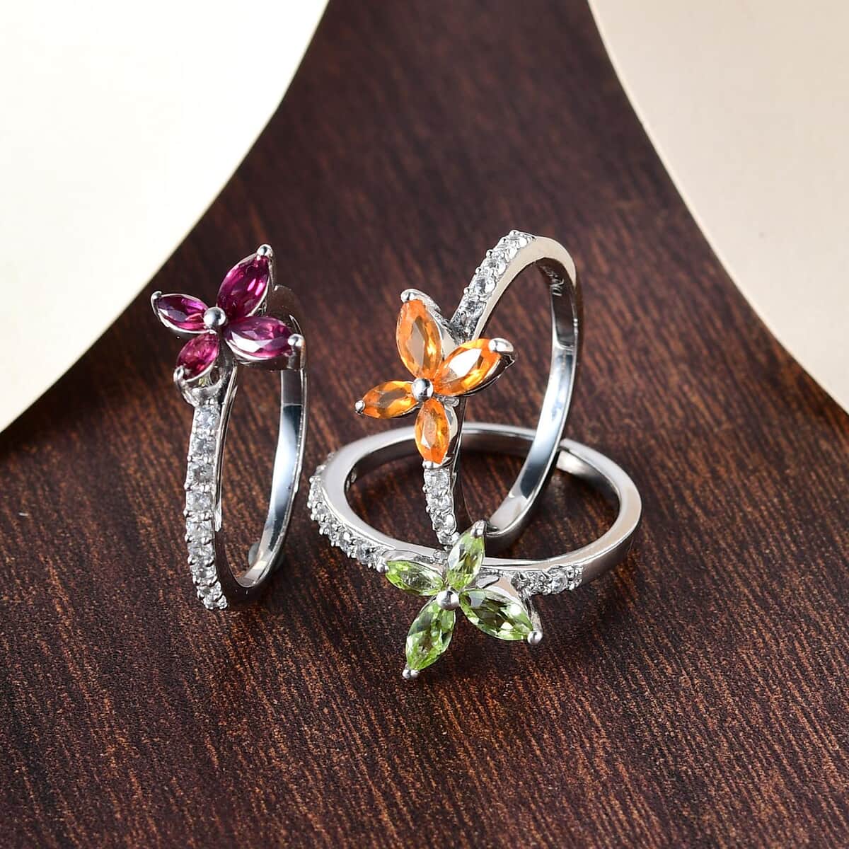 Set of 3 Orissa Rhodolite Garnet, Peridot and Jalisco Fire Opal Floral Rings in Platinum Over Sterling Silver (Size 6.0) 2.00 ctw image number 1