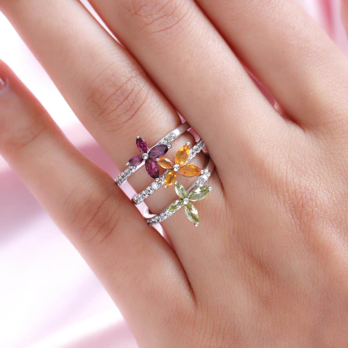Set of 3 Orissa Rhodolite Garnet, Peridot and Jalisco Fire Opal Floral Rings in Platinum Over Sterling Silver (Size 6.0) 2.00 ctw image number 2