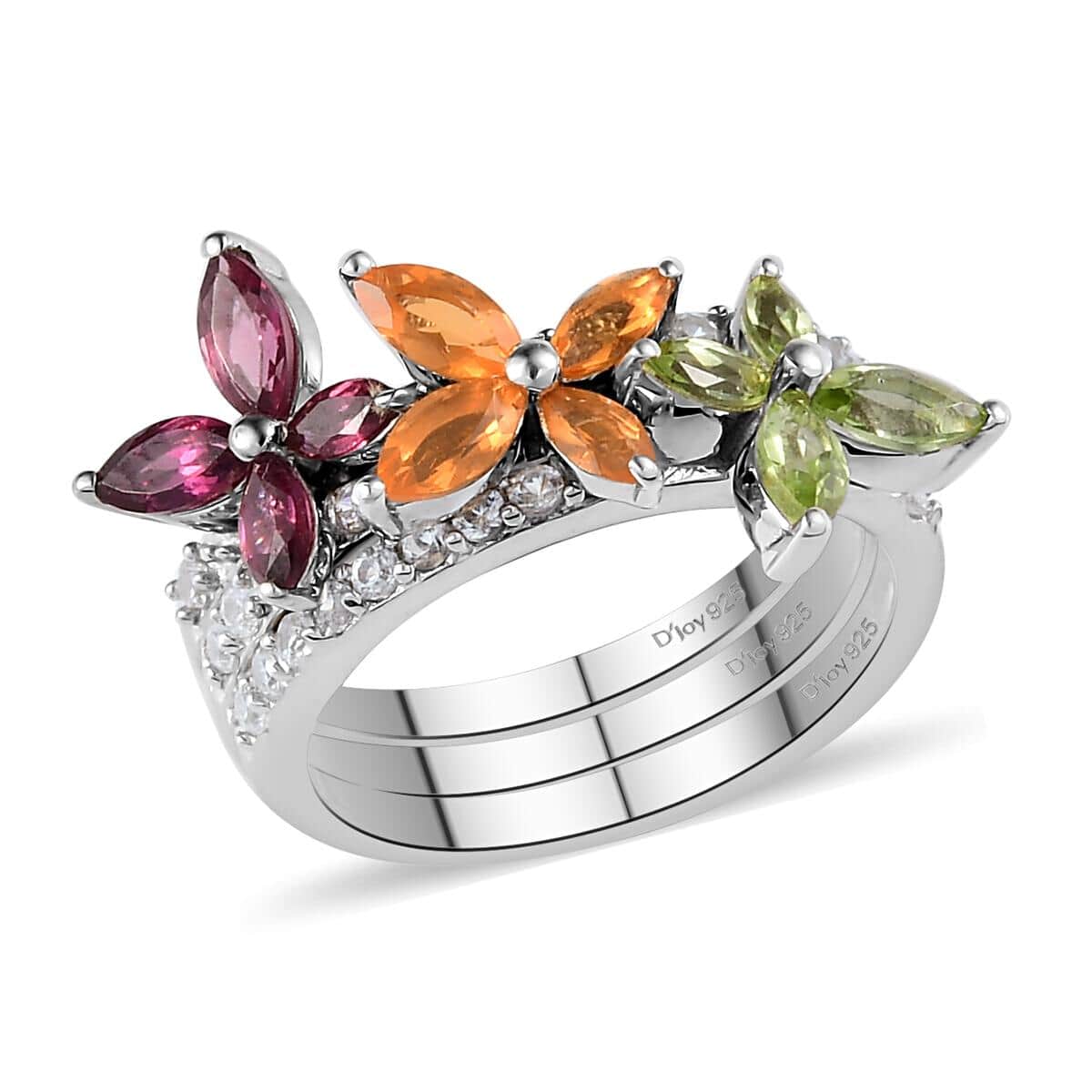 Set of 3 Orissa Rhodolite Garnet, Peridot and Jalisco Fire Opal Floral Rings in Platinum Over Sterling Silver (Size 6.0) 2.00 ctw image number 3