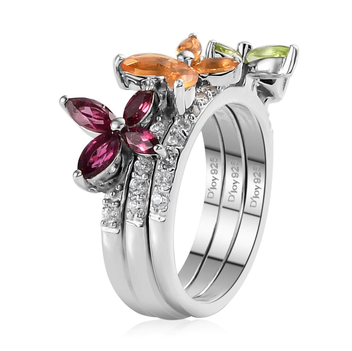 Set of 3 Orissa Rhodolite Garnet, Peridot and Jalisco Fire Opal Floral Rings in Platinum Over Sterling Silver (Size 6.0) 2.00 ctw image number 4