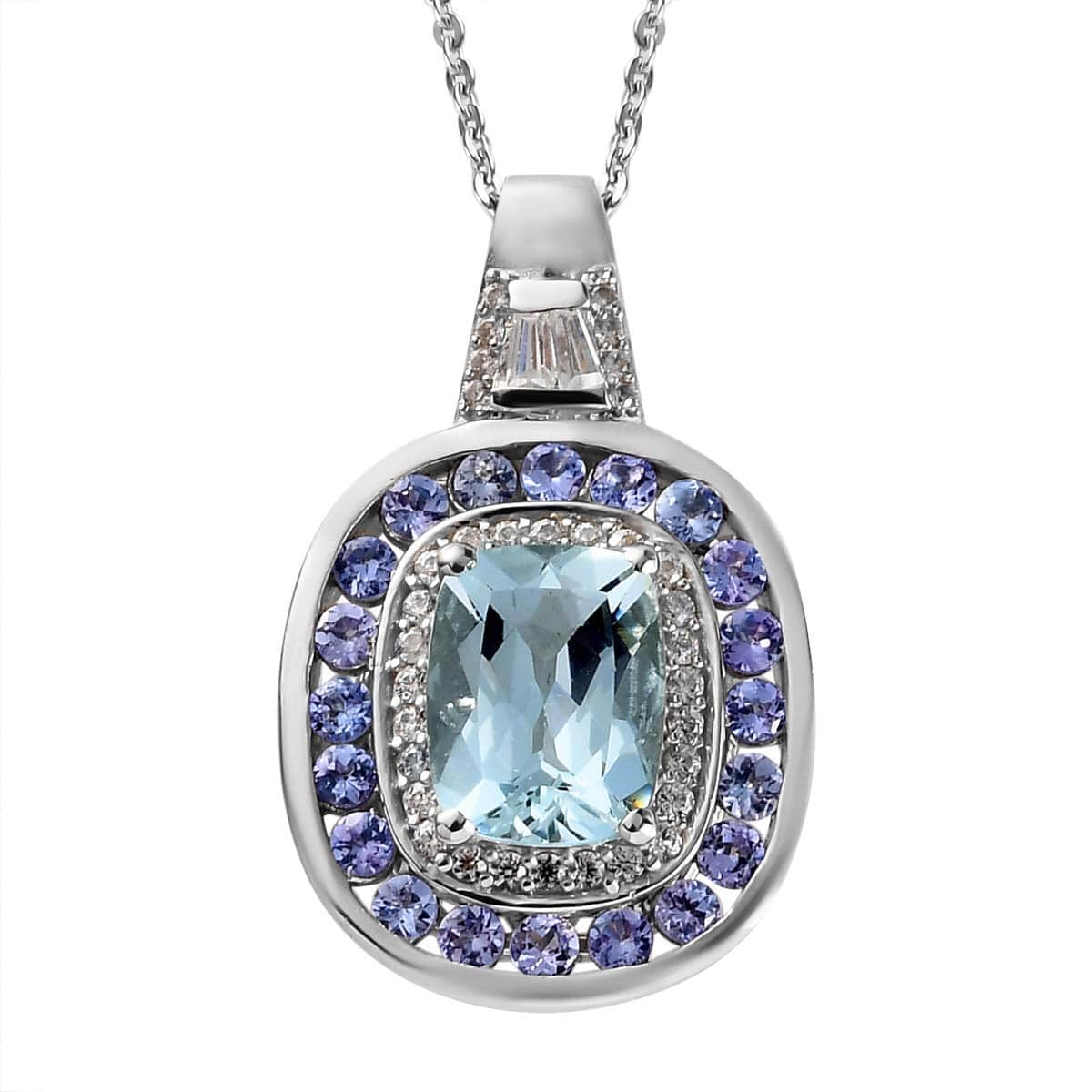 Espirito Santo Aquamarine and Multi Gemstone Double Halo Pendant Necklace 20 Inches in Platinum Over Sterling Silver 3.00 ctw image number 0
