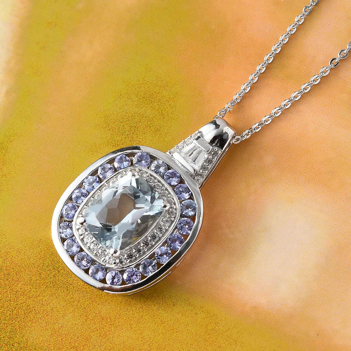 Espirito Santo Aquamarine and Multi Gemstone Double Halo Pendant Necklace 20 Inches in Platinum Over Sterling Silver 3.00 ctw image number 1
