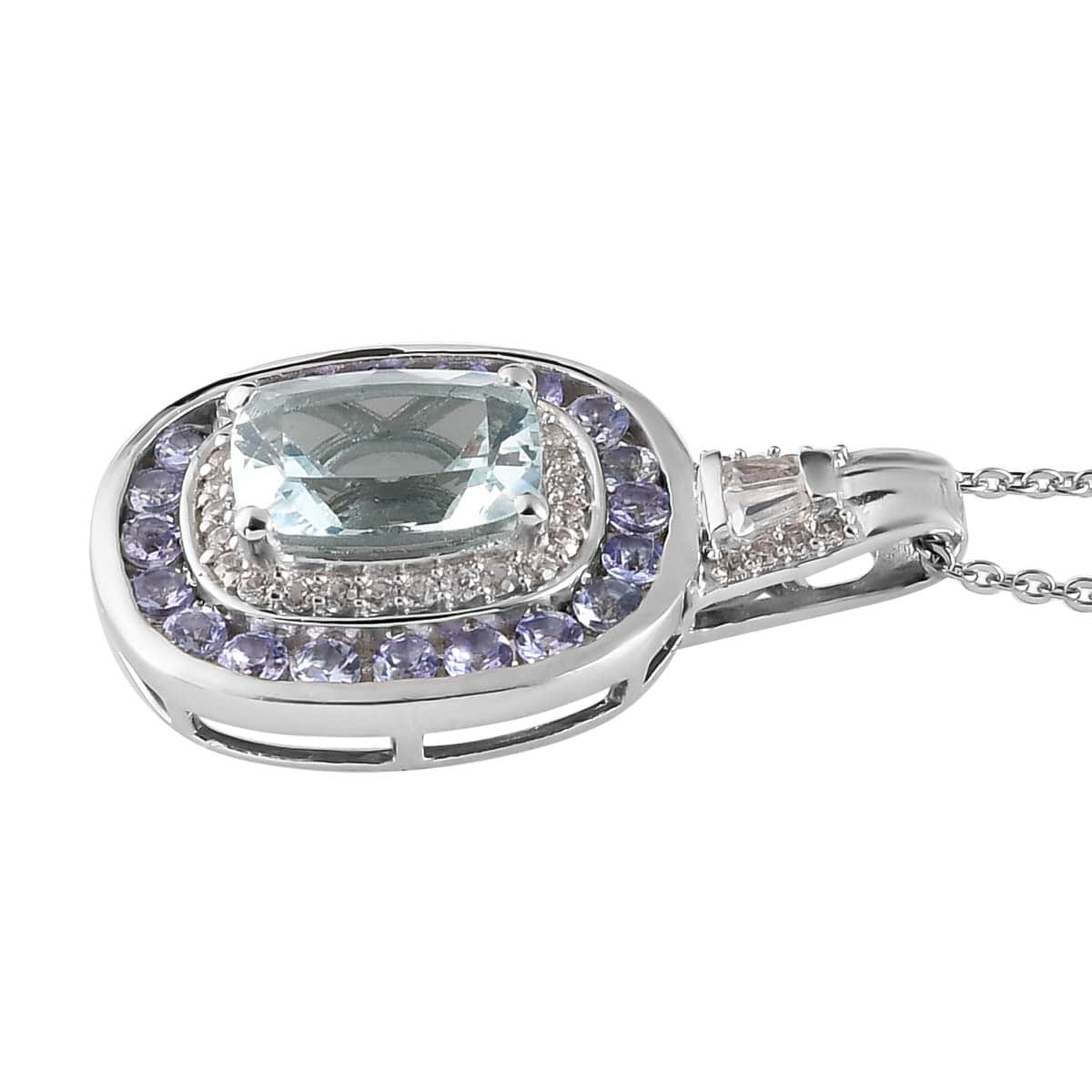 Espirito Santo Aquamarine and Multi Gemstone Double Halo Pendant Necklace 20 Inches in Platinum Over Sterling Silver 3.00 ctw image number 3