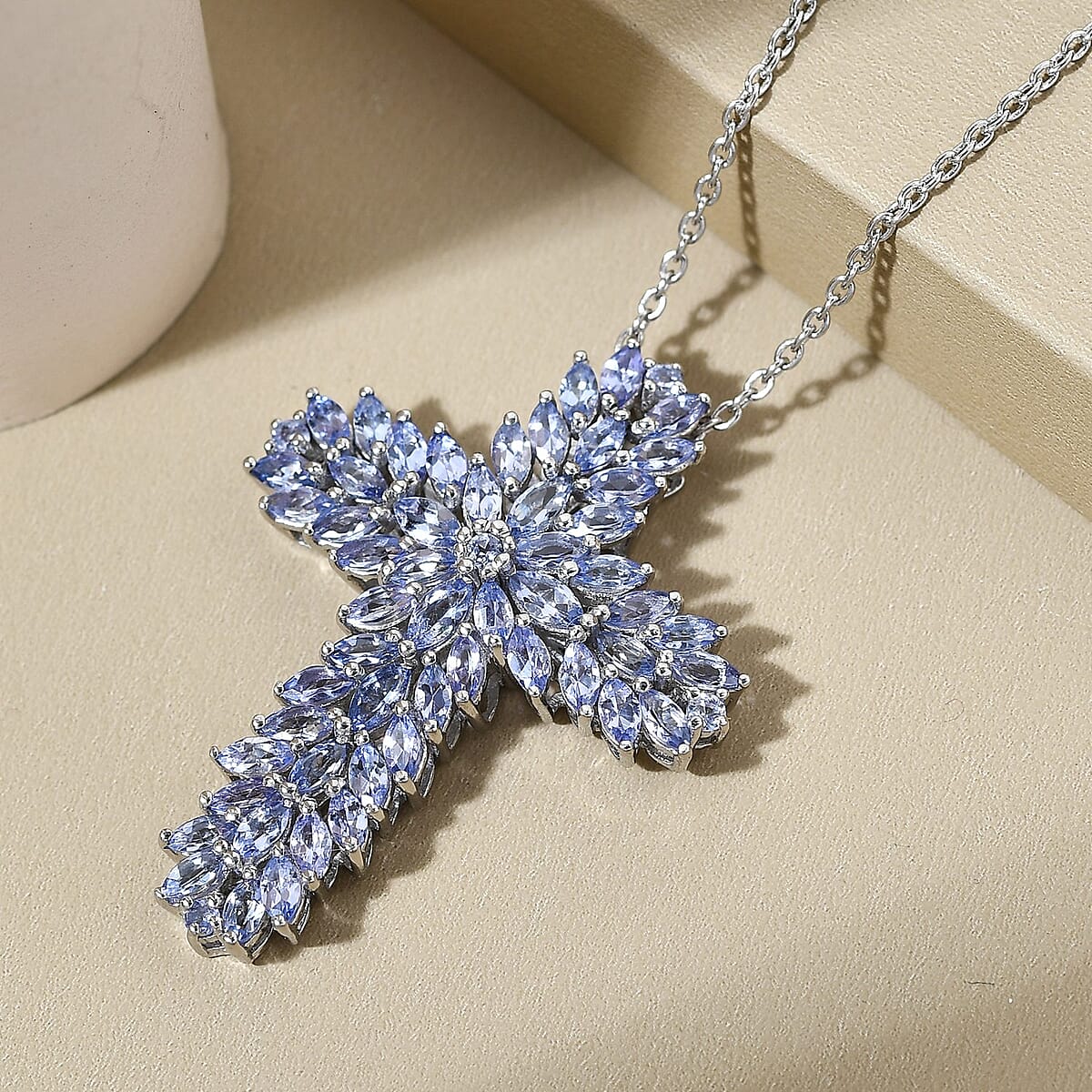 Tanzanite Cross Pendant Necklace 18 Inches in Platinum Over Sterling Silver 5.15 ctw image number 1