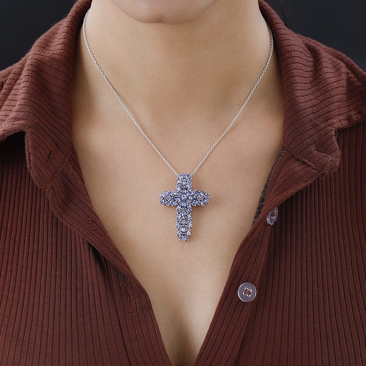 Tanzanite Cross Pendant Necklace 18 Inches in Platinum Over Sterling Silver 5.15 ctw image number 2