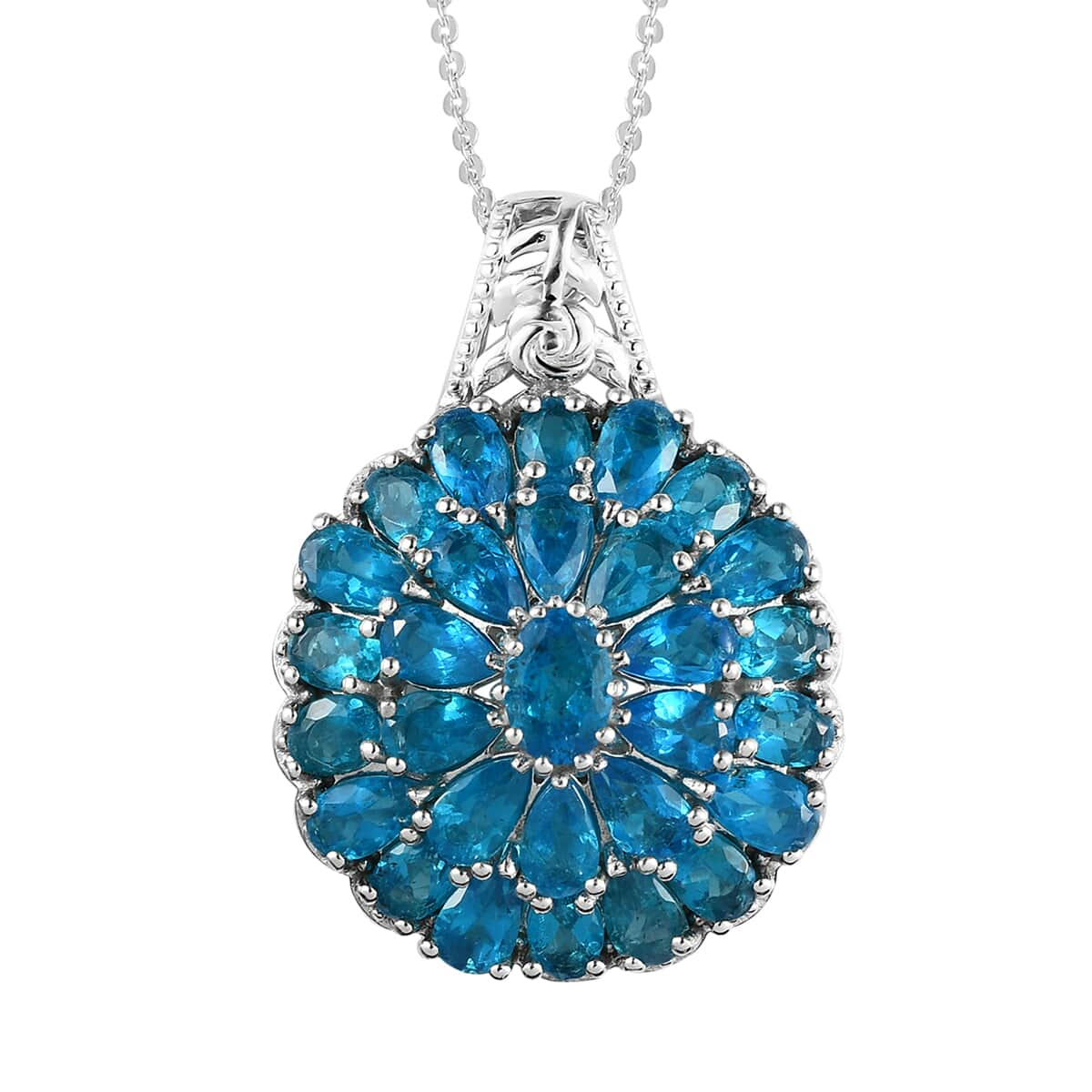 Malgache Neon Apatite Floral Pendant Necklace 20 Inches in Platinum Over Sterling Silver 7.50 Grams 5.85 ctw image number 0