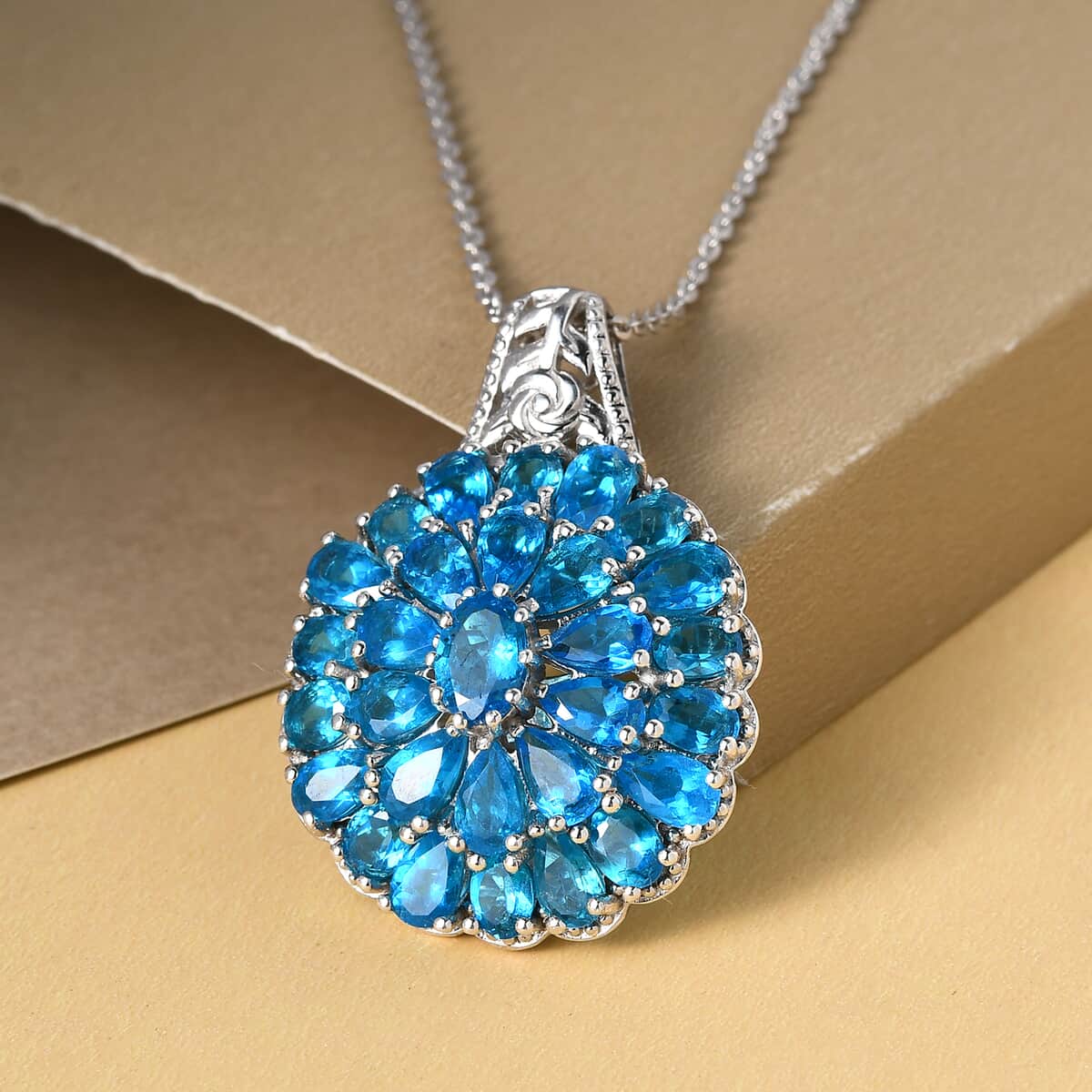 Malgache Neon Apatite Floral Pendant Necklace 20 Inches in Platinum Over Sterling Silver 7.50 Grams 5.85 ctw image number 1