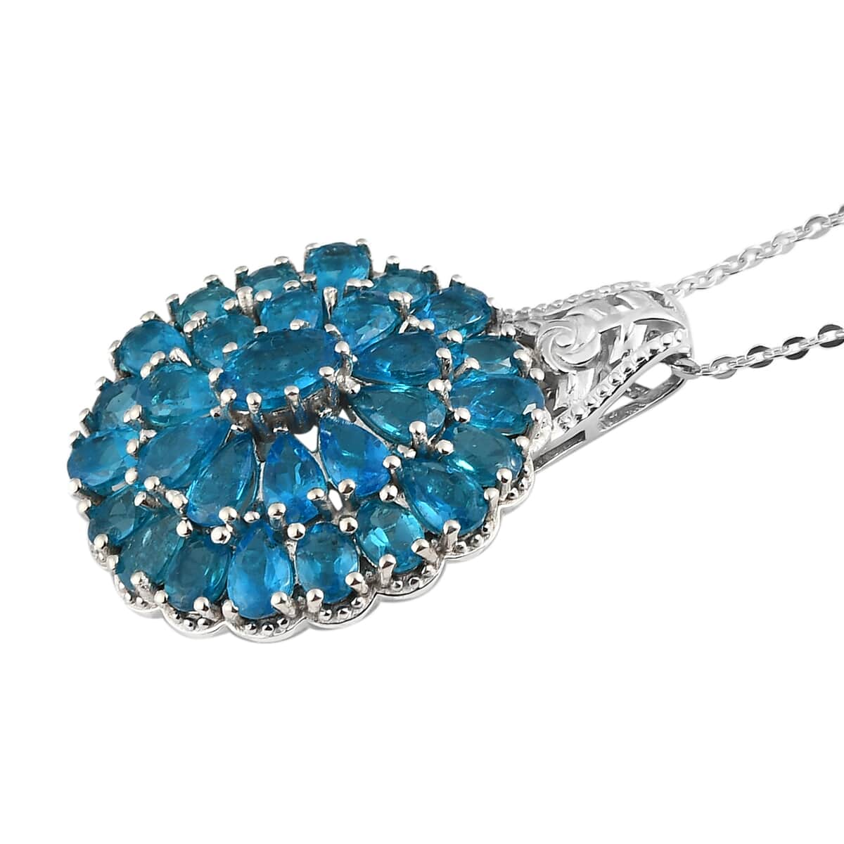 Malgache Neon Apatite Floral Pendant Necklace 20 Inches in Platinum Over Sterling Silver 7.50 Grams 5.85 ctw image number 3