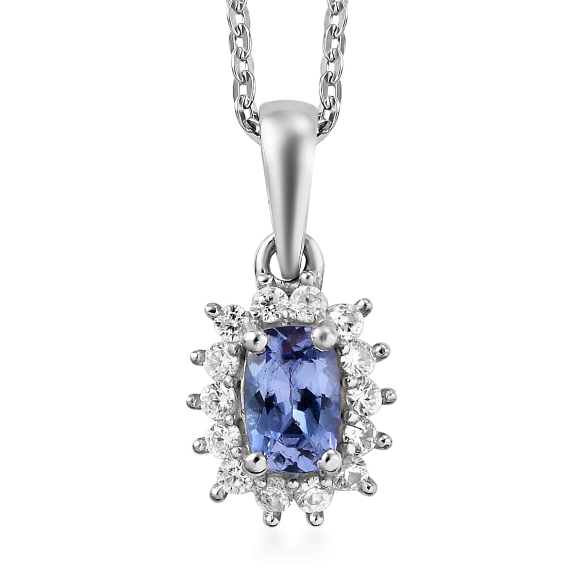 Tanzanite and White Zircon Halo Pendant Necklace 20 Inches in Platinum Over Sterling Silver 0.85 ctw image number 0
