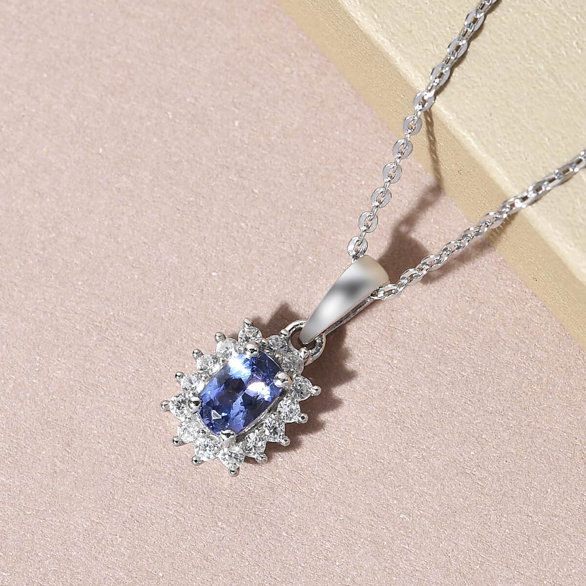 Tanzanite and Natural White Zircon Halo Pendant Necklace 20 Inches in Platinum Over Sterling Silver 1.15 ctw image number 1