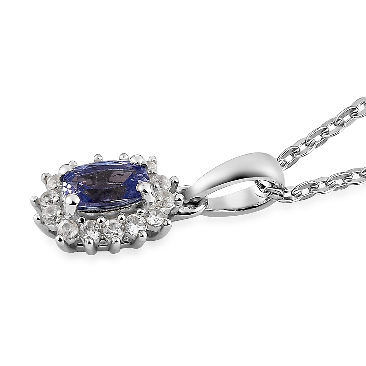 Tanzanite and White Zircon Halo Pendant Necklace 20 Inches in Platinum Over Sterling Silver 0.85 ctw
