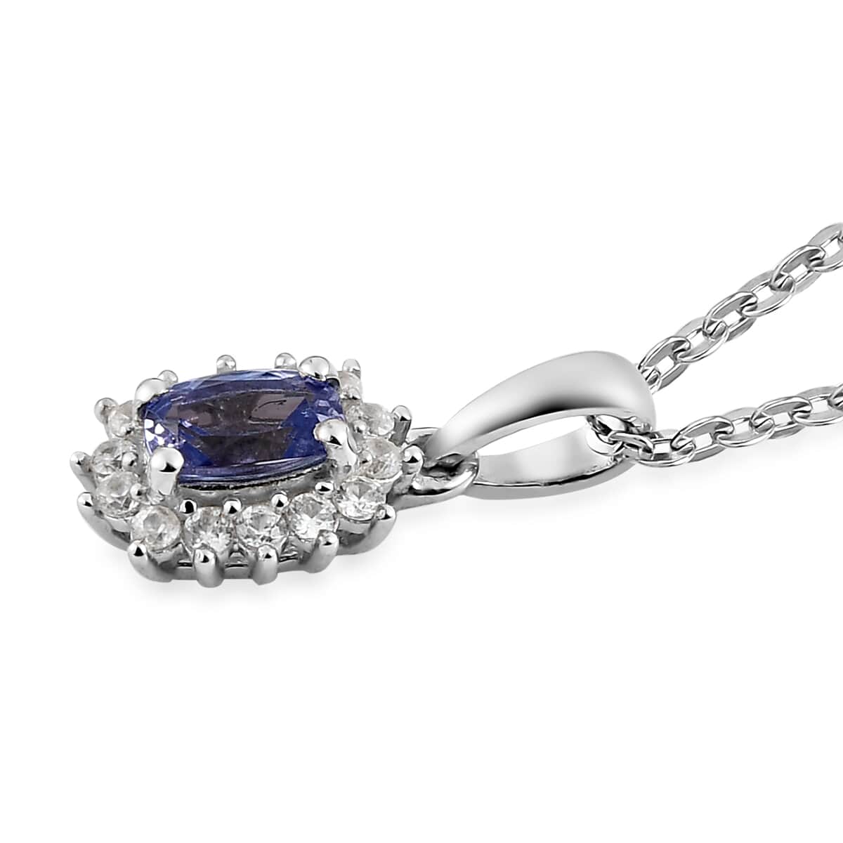 Tanzanite and White Zircon Halo Pendant Necklace 20 Inches in Platinum Over Sterling Silver 0.85 ctw image number 3