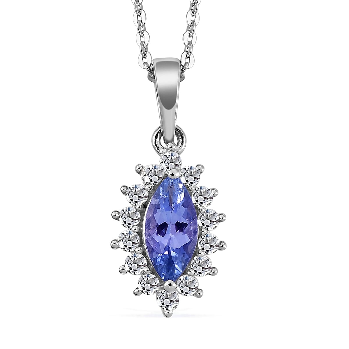 Tanzanite and Natural White Zircon Halo Pendant Necklace 20 Inches in Platinum Over Sterling Silver 1.15 ctw image number 0