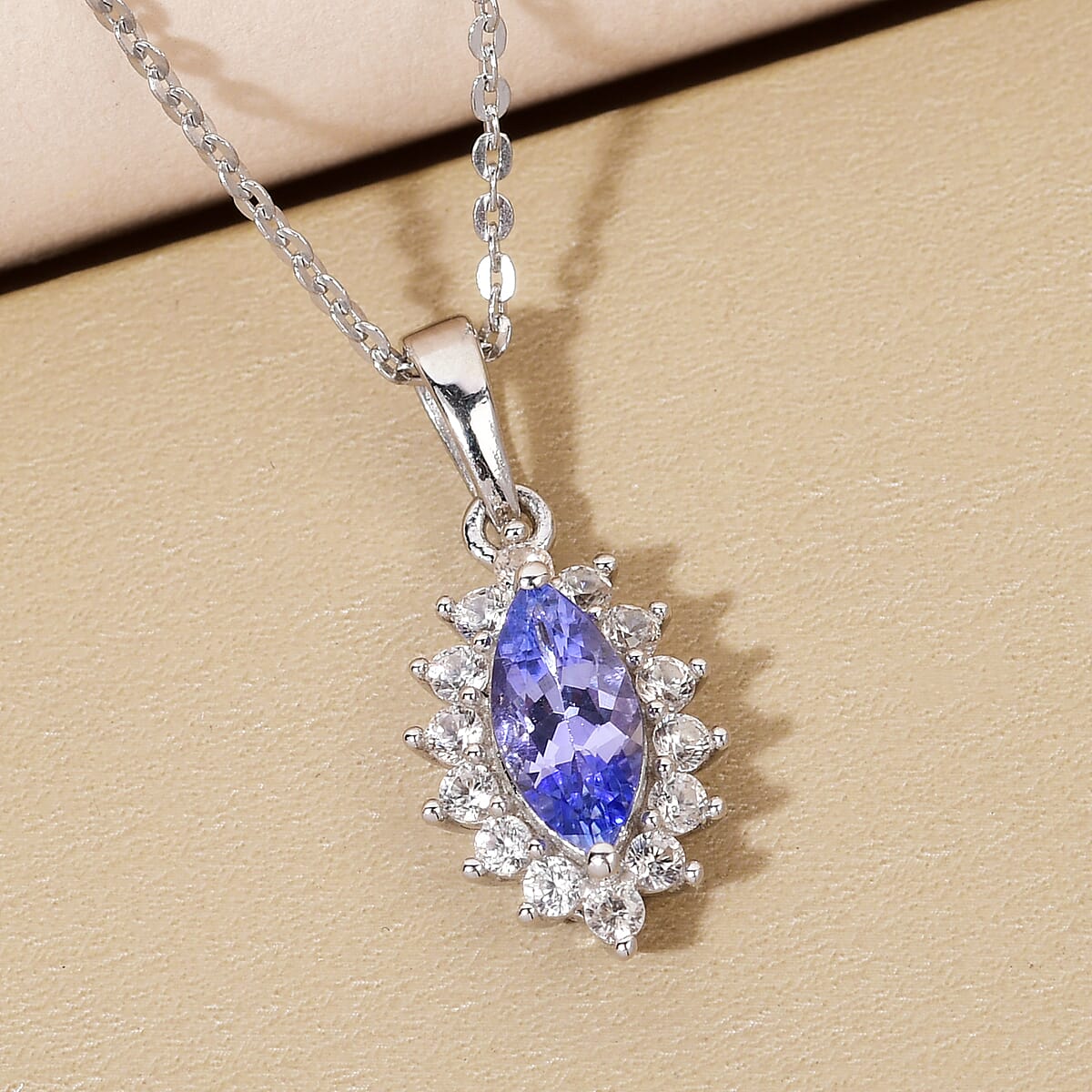 Tanzanite and Natural White Zircon Halo Pendant Necklace 20 Inches in Platinum Over Sterling Silver 1.15 ctw image number 1