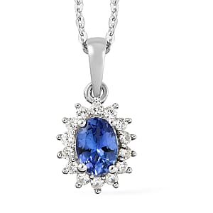 Tanzanite and Natural White Zircon Halo Pendant Necklace 20 Inches in Platinum Over Sterling Silver 1.15 ctw