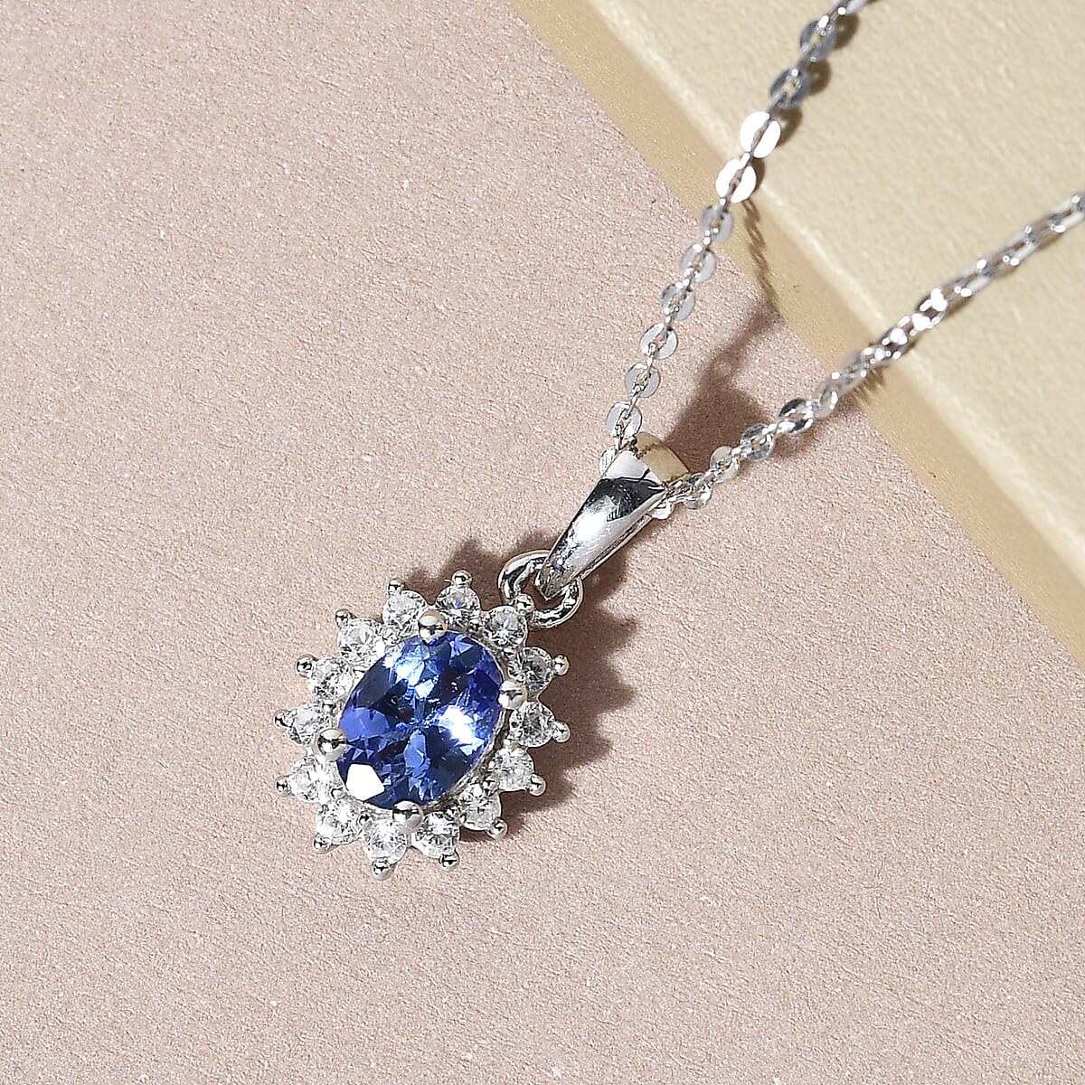 Tanzanite and Natural White Zircon Halo Pendant Necklace 20 Inches in Platinum Over Sterling Silver 1.15 ctw image number 1