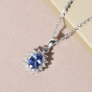 Tanzanite and Natural White Zircon Halo Pendant Necklace 20 Inches in Platinum Over Sterling Silver 1.15 ctw