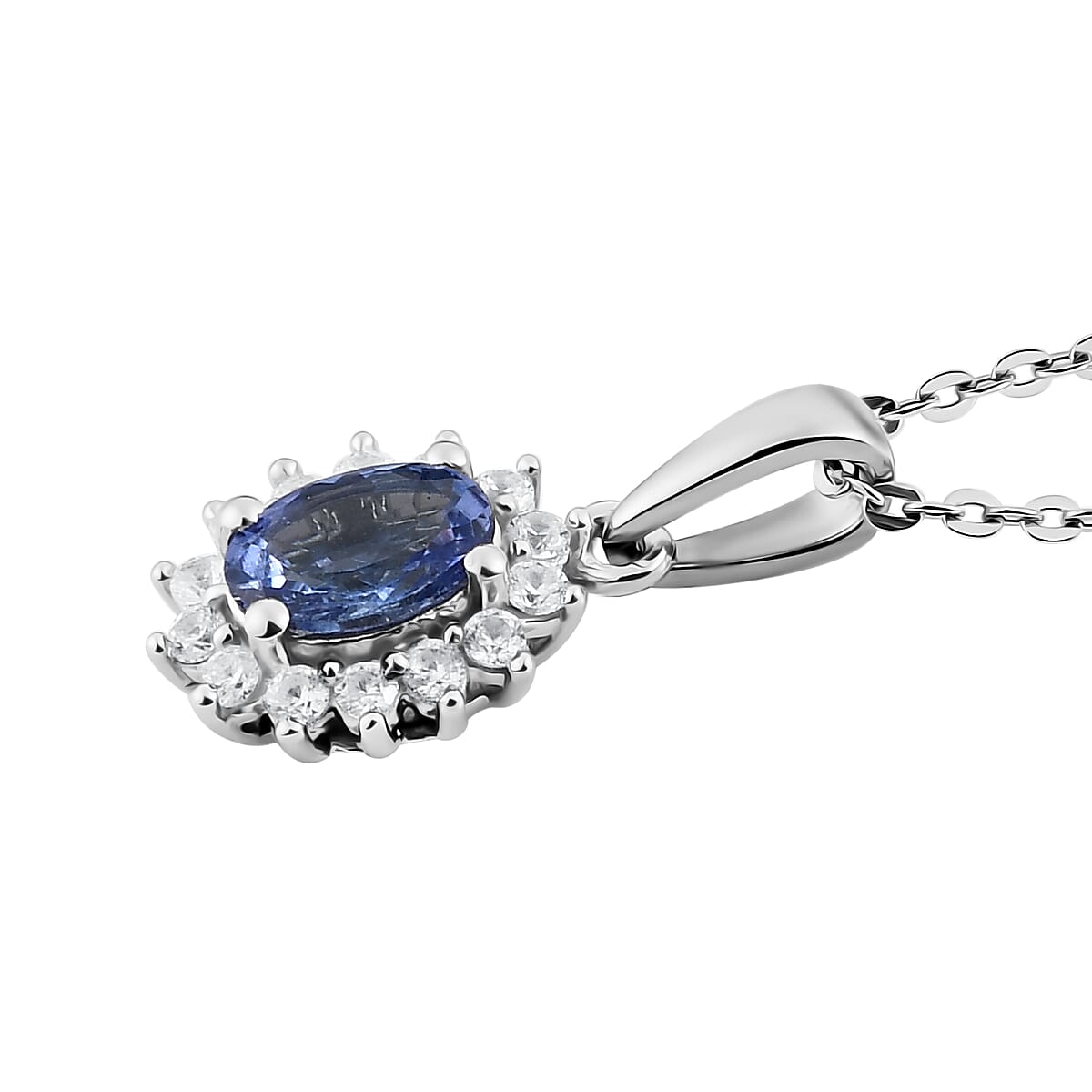 Tanzanite and Natural White Zircon Halo Pendant Necklace 20 Inches in Platinum Over Sterling Silver 1.15 ctw image number 3