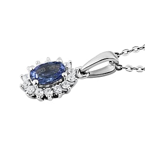 Tanzanite and Natural White Zircon Halo Pendant Necklace 20 Inches in Platinum Over Sterling Silver 1.15 ctw