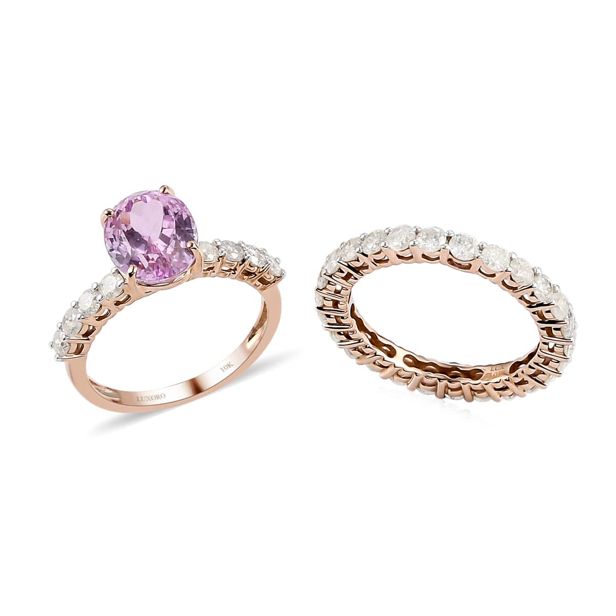 LUXORO 10K Rose Gold AAA Kunzite and G-H I3 Diamond Set of 2 Ring (Size 7.0) 3.90 Grams 6.00 ctw image number 0
