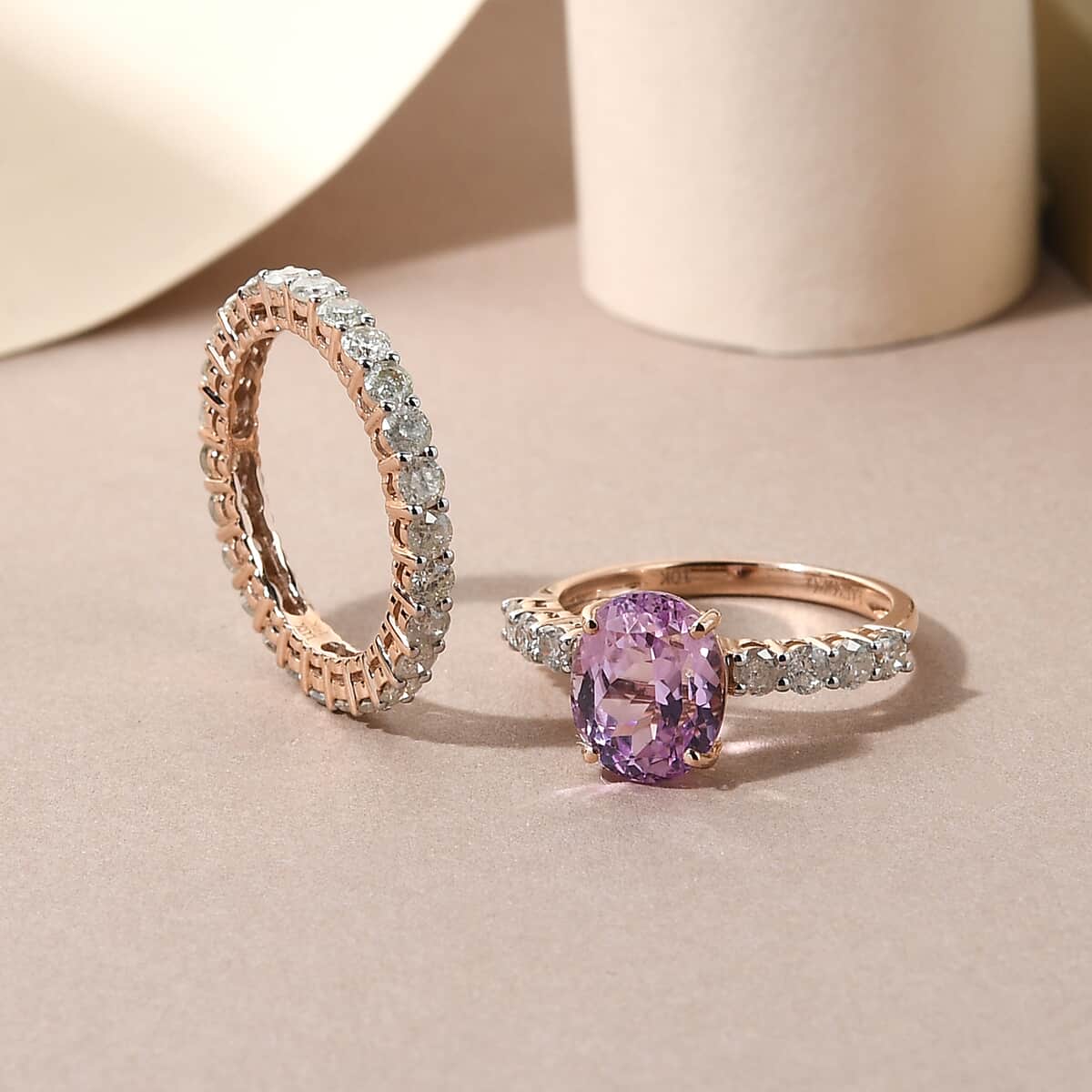 LUXORO 10K Rose Gold AAA Kunzite and G-H I3 Diamond Set of 2 Ring (Size 7.0) 3.90 Grams 6.00 ctw image number 1