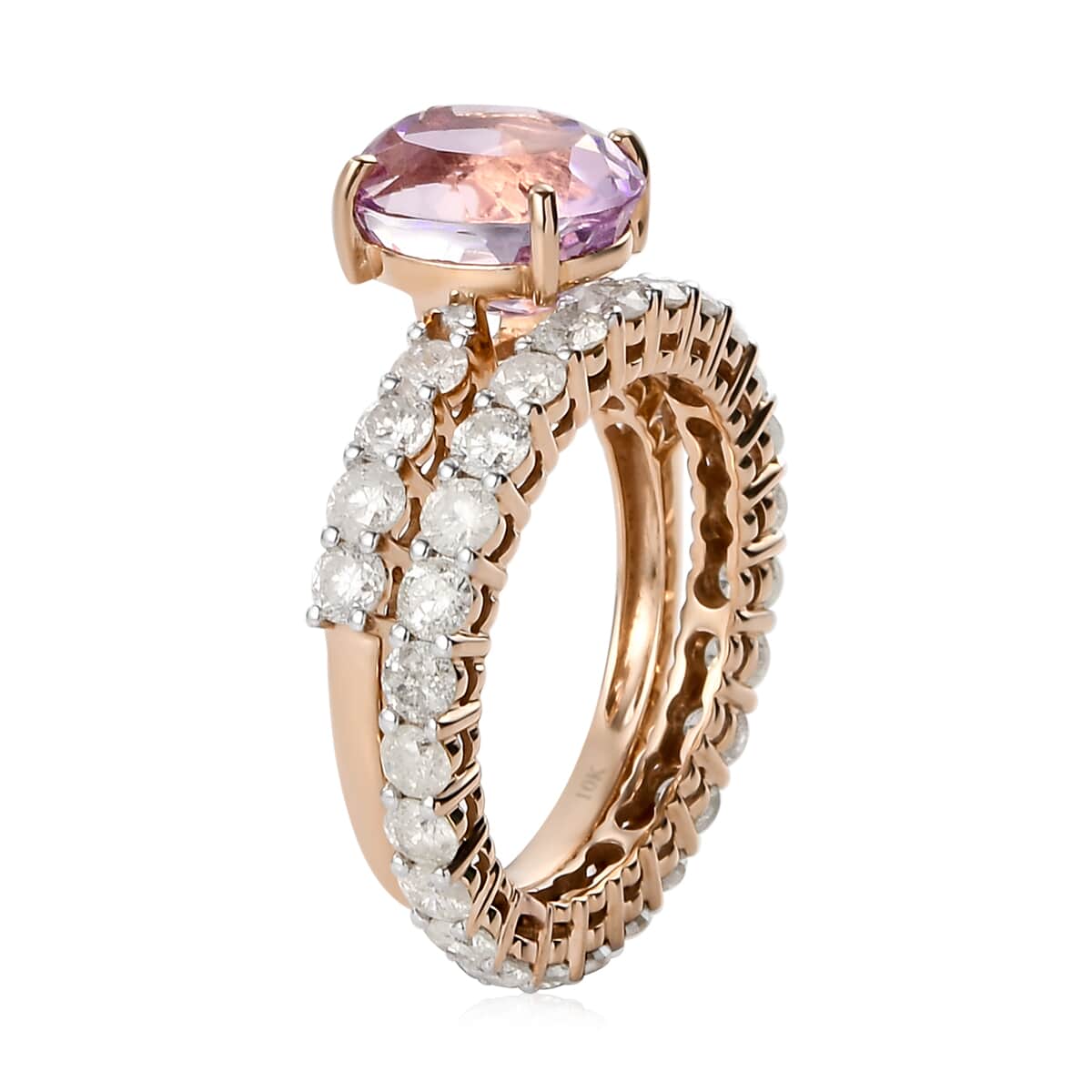 LUXORO 10K Rose Gold AAA Kunzite and G-H I3 Diamond Set of 2 Ring (Size 7.0) 3.90 Grams 6.00 ctw image number 3