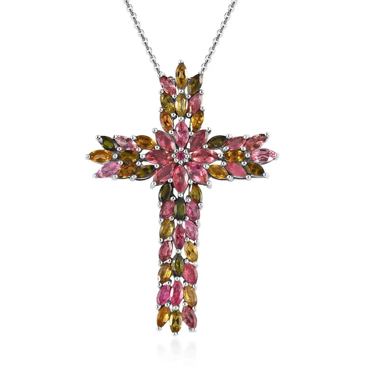 Multi-Tourmaline Cross Pendant Necklace 20 Inches in Platinum Over Sterling Silver 9.35 Grams 7.85 ctw image number 0