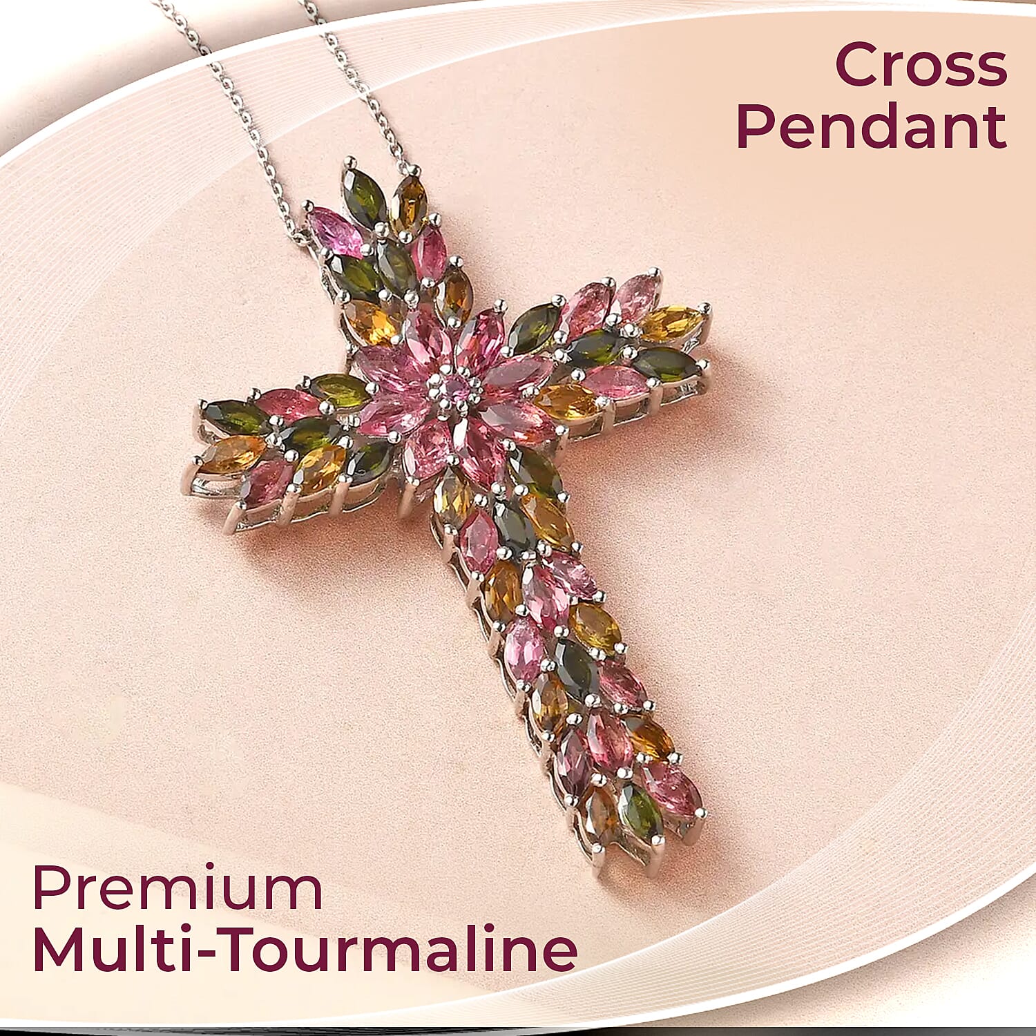 Premium Multi-Tourmaline 7.25 ctw Necklace in Platinum Over Sterling Silver, Cross Pendant 20 Inches