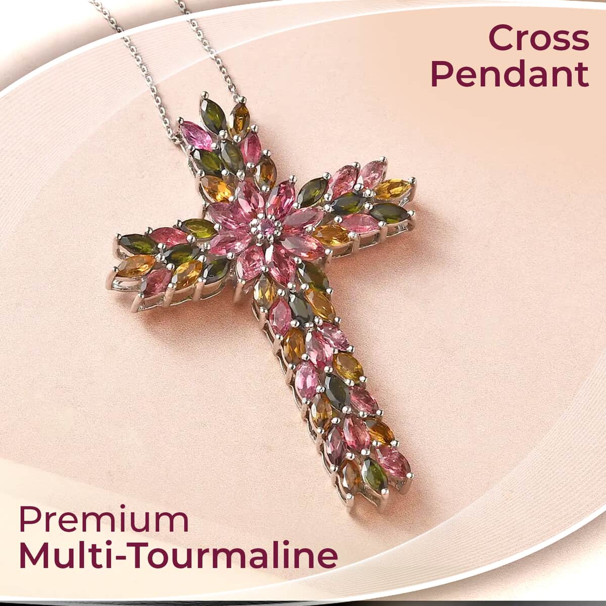 Multi-Tourmaline Cross Pendant Necklace 20 Inches in Platinum Over Sterling Silver 9.35 Grams 7.85 ctw image number 1
