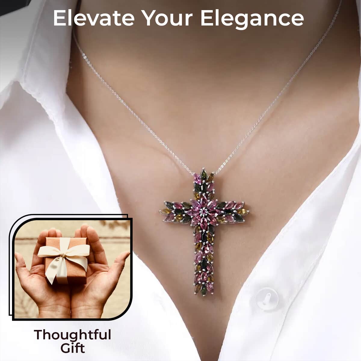 Multi-Tourmaline Cross Pendant Necklace 20 Inches in Platinum Over Sterling Silver 9.35 Grams 7.85 ctw image number 2