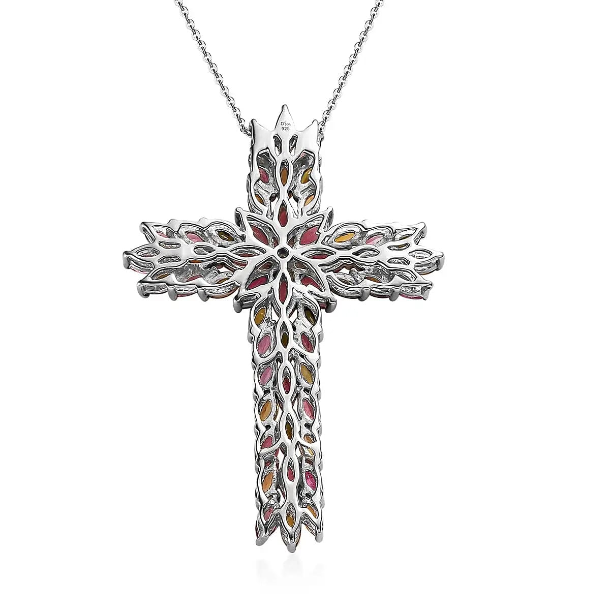 Premium Multi-Tourmaline 7.25 ctw Necklace in Platinum Over Sterling Silver, Cross Pendant 20 Inches