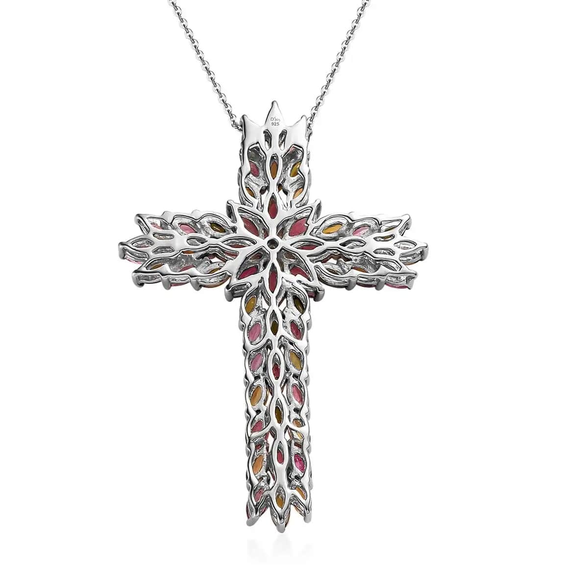 Multi-Tourmaline Cross Pendant Necklace 20 Inches in Platinum Over Sterling Silver 9.35 Grams 7.85 ctw image number 4