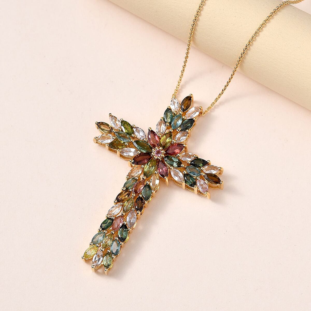Multi-Tourmaline Necklace (20 Inches) in Vermeil YG Over Sterling Silver, Cross Pendant 6.90 ctw image number 1