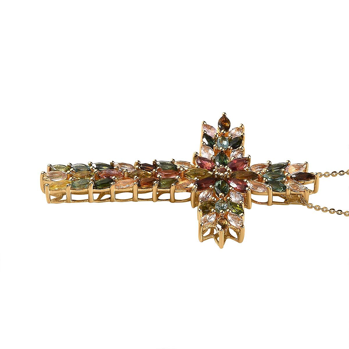 Multi-Tourmaline Necklace (20 Inches) in Vermeil YG Over Sterling Silver, Cross Pendant 6.90 ctw image number 3