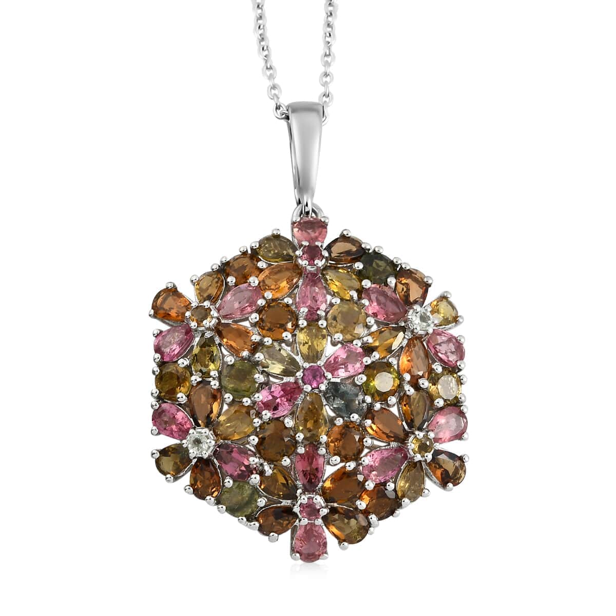 Multi-Tourmaline Floral Pendant Necklace 20 Inches in Platinum Over Sterling Silver 11 Grams 11.50 ctw image number 0