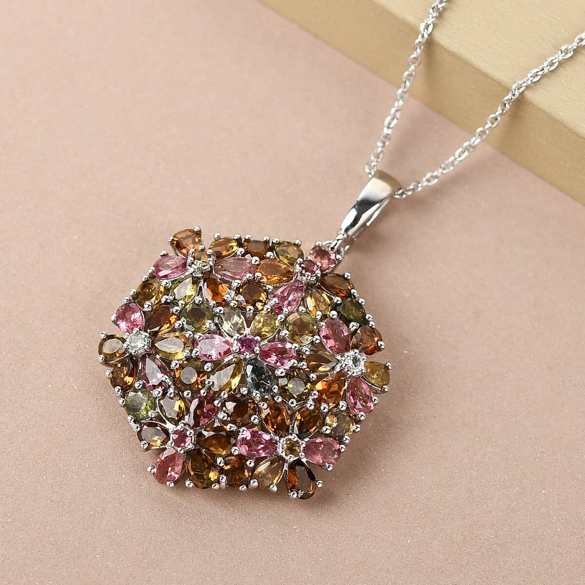 Multi-Tourmaline Floral Pendant Necklace 20 Inches in Platinum Over Sterling Silver 11 Grams 11.50 ctw image number 1