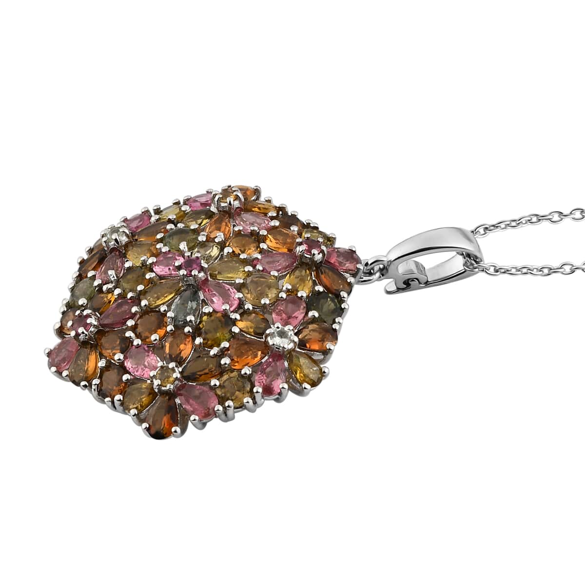 Multi-Tourmaline Floral Pendant Necklace 20 Inches in Platinum Over Sterling Silver 11 Grams 11.50 ctw image number 3