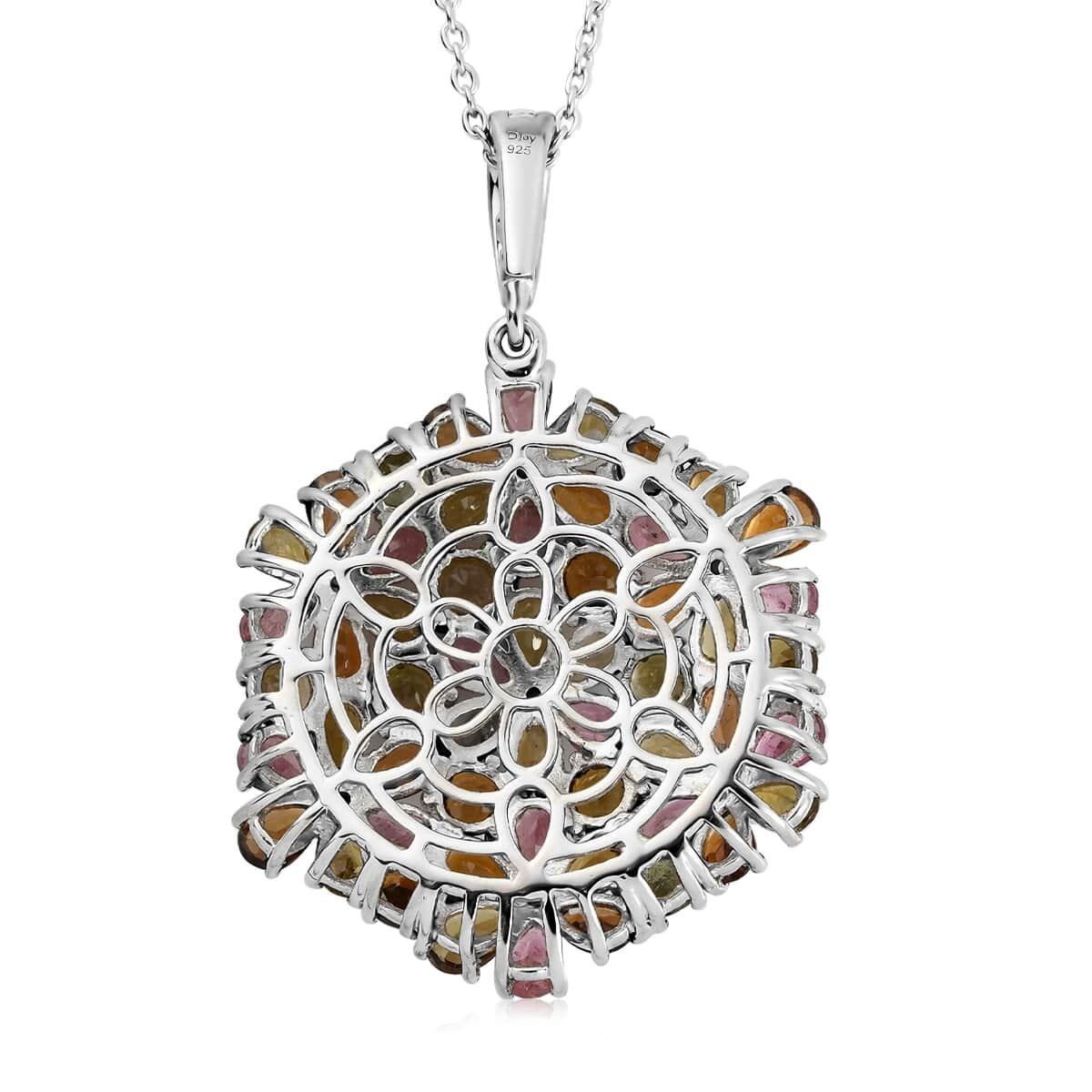 Multi-Tourmaline Floral Pendant Necklace 20 Inches in Platinum Over Sterling Silver 11 Grams 11.50 ctw image number 4