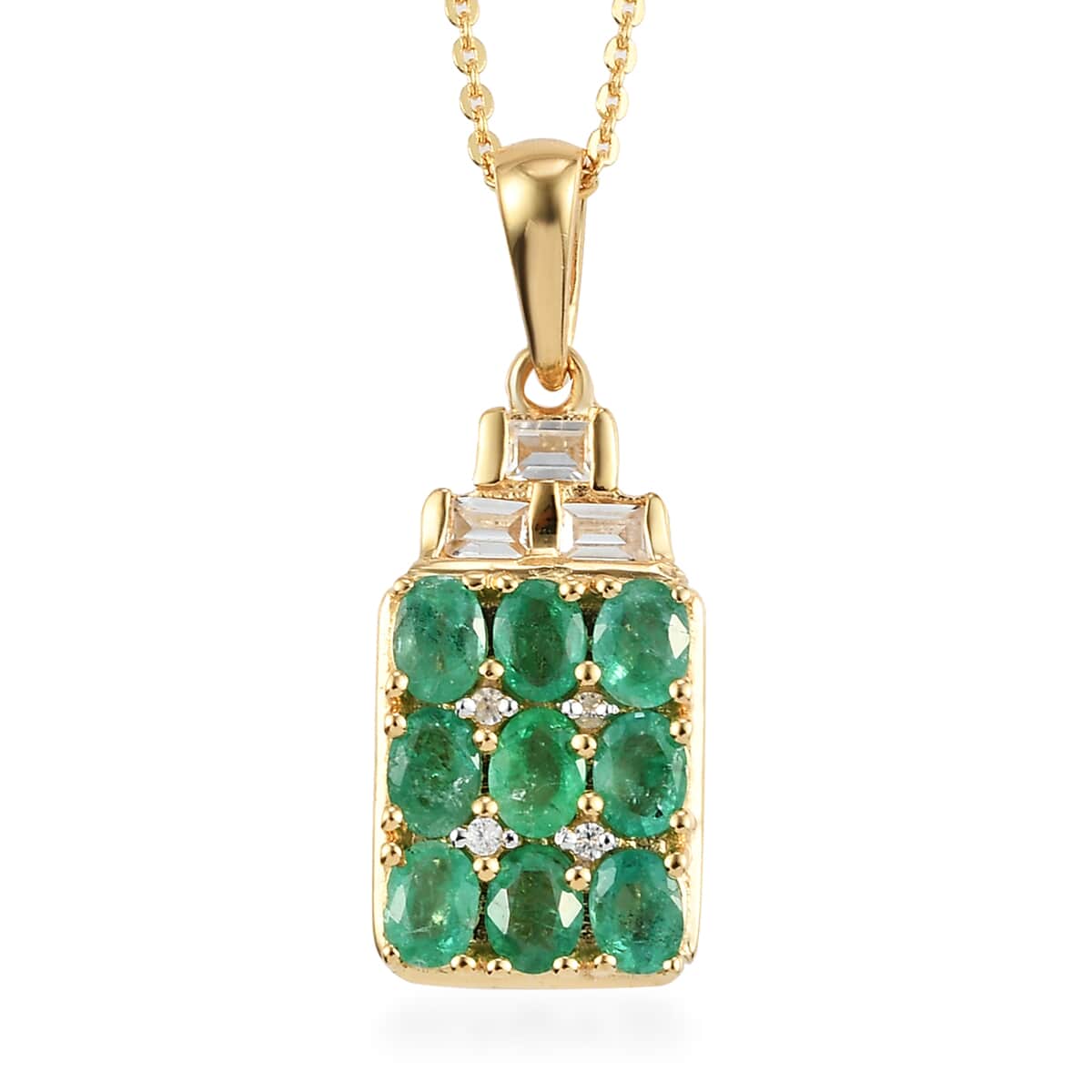 Boyaca Colombian Emerald and Natural White Zircon Cluster Pendant Necklace 20 Inches in Vermeil Yellow Gold Over Sterling Silver 1.75 ctw image number 0
